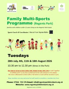 Family Multi-Sports Programme flyer – Regents Park, Tuesday mornings 28 July to 18 August 2026, Regents Park Time Bank NW1