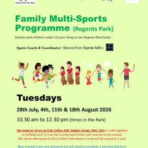 Family Multi-Sports Programme flyer – Regents Park, Tuesday mornings 28 July to 18 August 2026, Regents Park Time Bank NW1