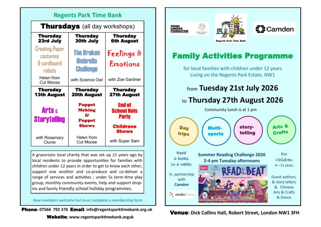 Regents Park Time Bank summer 2026 family activities programme overview