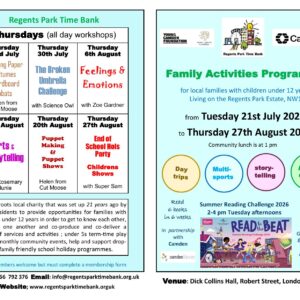 Regents Park Time Bank summer 2026 family activities programme overview