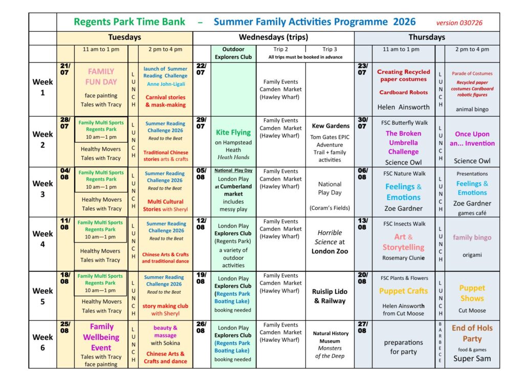 Regents Park Time Bank summer 2026 weekly activities and trips timetable