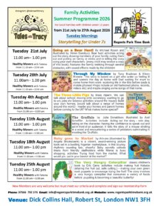 Tales with Tracy storytelling summer 2026 programme flyer – Tuesday mornings, Regents Park Time Bank NW1