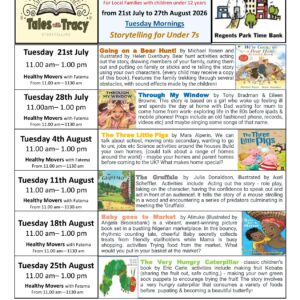 Tales with Tracy storytelling summer 2026 programme flyer – Tuesday mornings, Regents Park Time Bank NW1