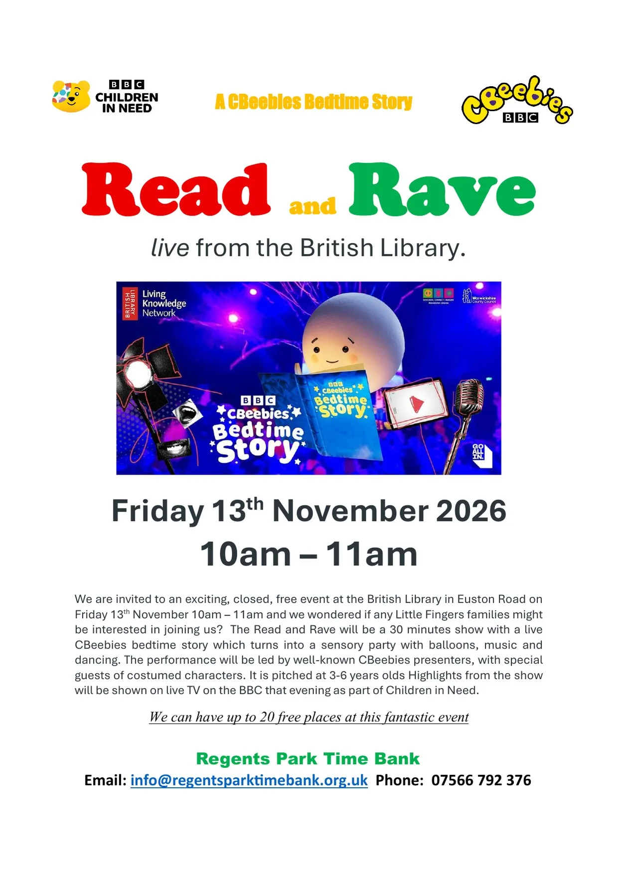 CBeebies Bedtime Story Read and Rave at the British Library flyer, Friday 13 November 2026