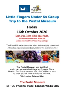 Little Fingers Under 5s Group trip to the Postal Museum flyer, Friday 16 October 2026