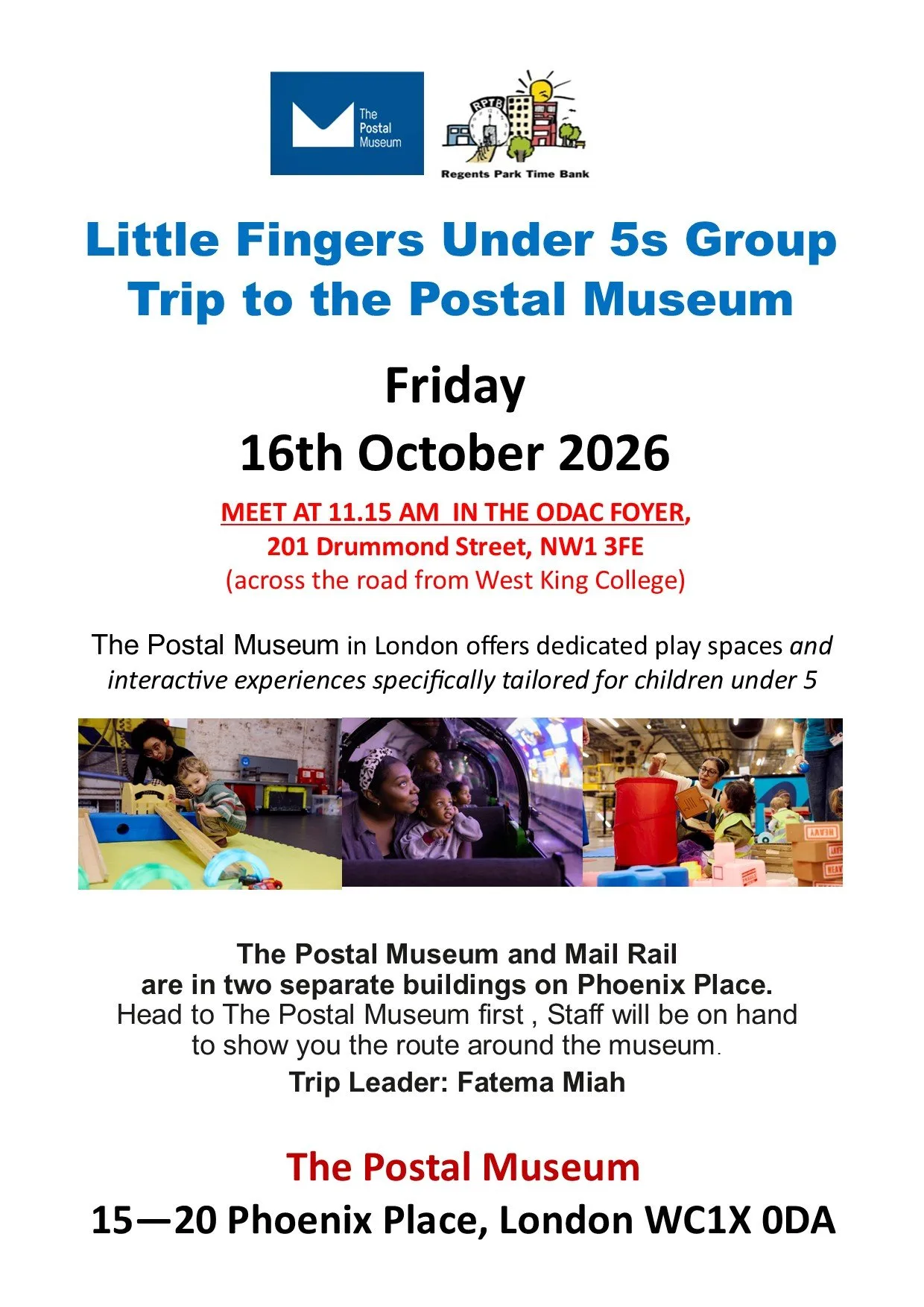 Little Fingers Under 5s Group trip to the Postal Museum flyer, Friday 16 October 2026