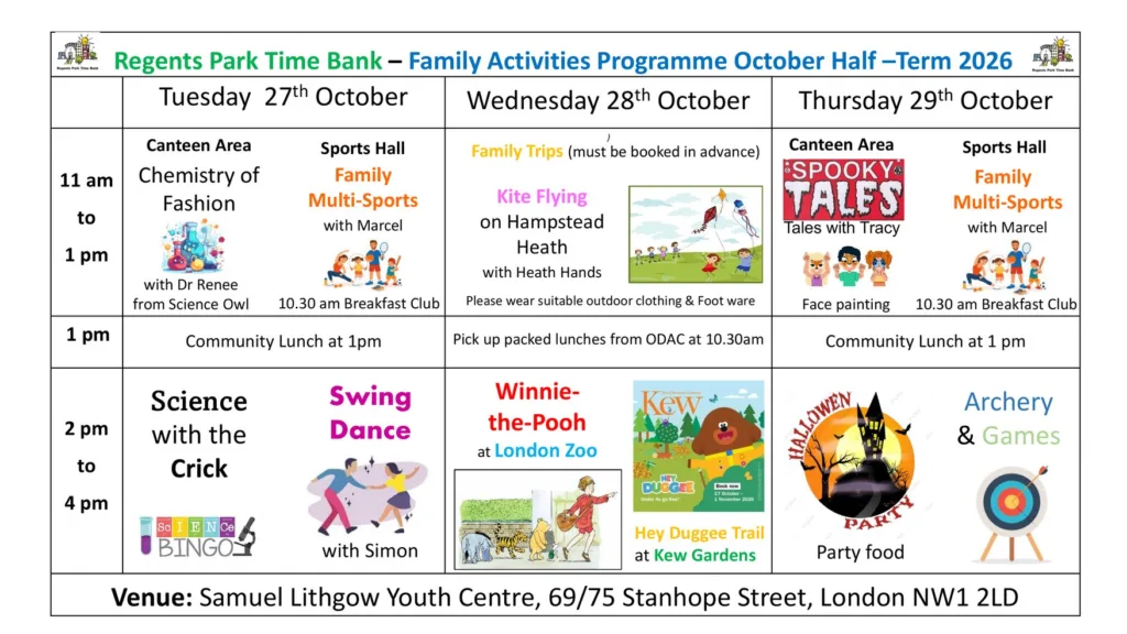 Regents Park Time Bank October half-term 2026 family activities timetable, 27 to 29 October
