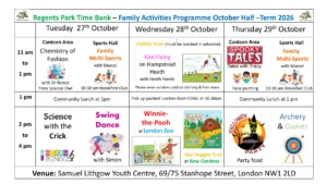 Regents Park Time Bank October half-term 2026 family activities timetable, 27 to 29 October