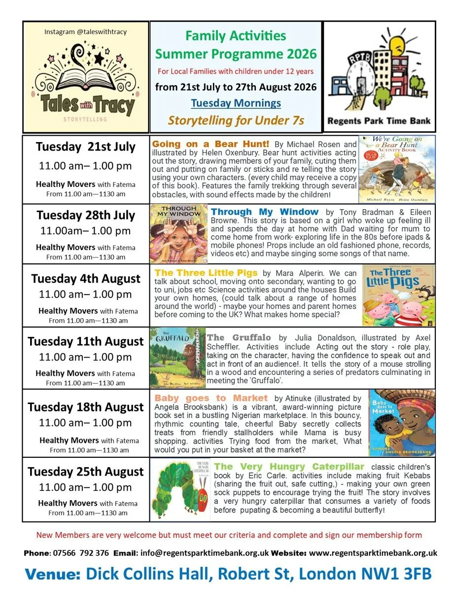 Tales with Tracy storytelling timetable for the Regents Park Time Bank Summer Programme 2026